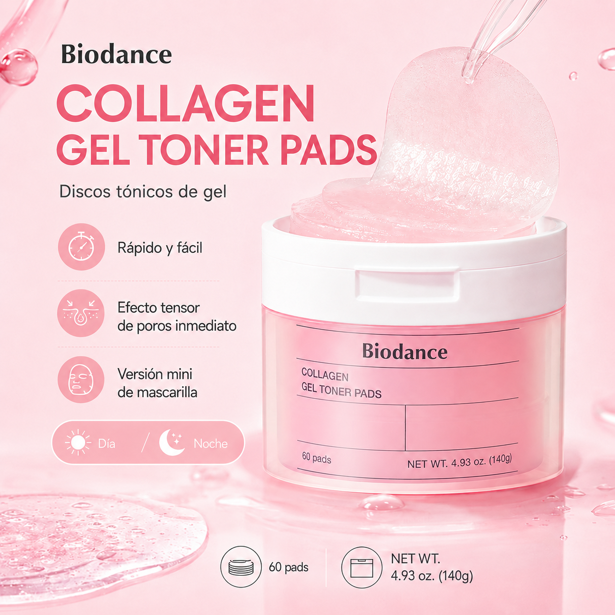 Mascarilla hidratante y calmante Collagen Gel Toner Pads Biodance 60 discos
