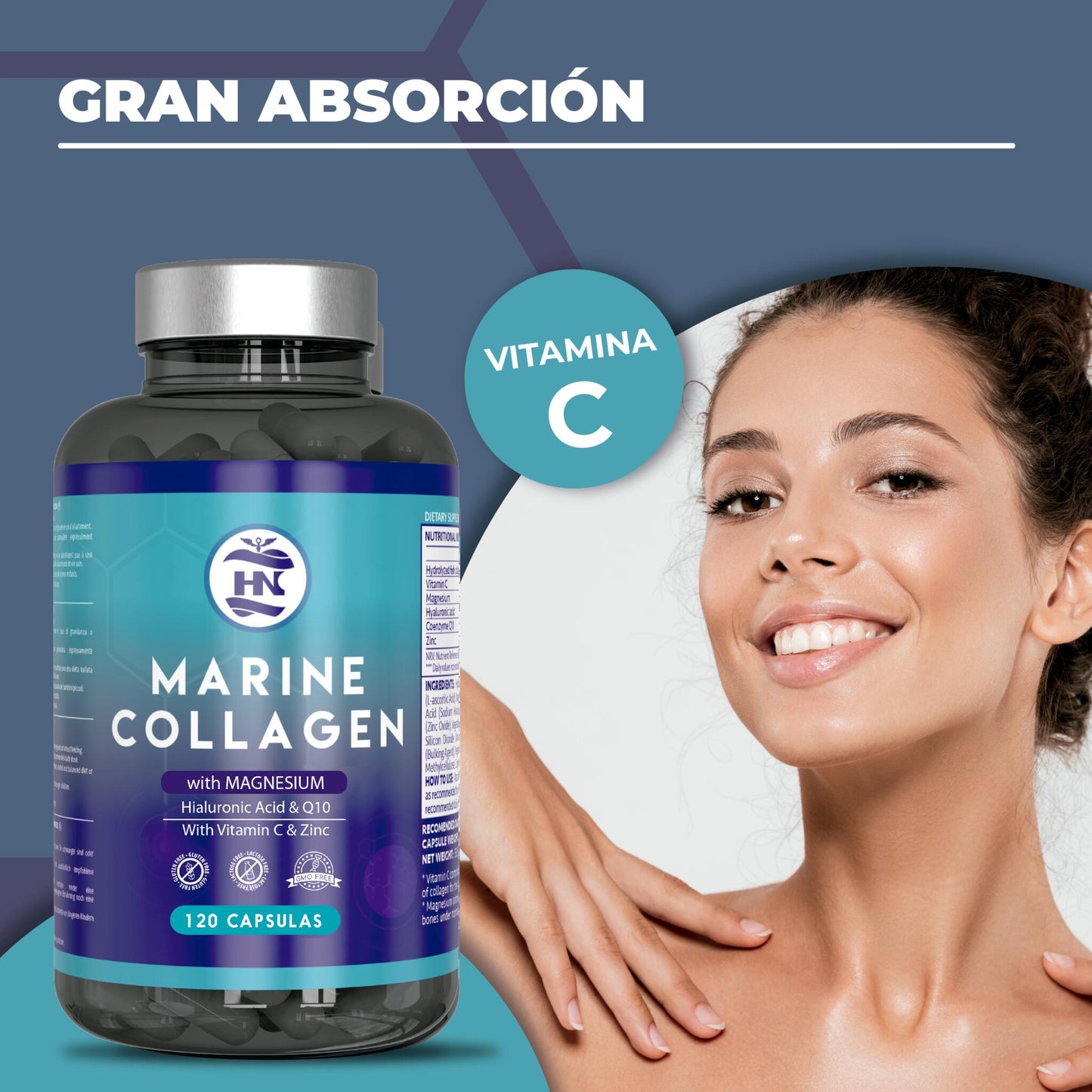 Colageno Marino Con Acido Hialuronico Con Vitamina C - 120 Capsulas - Para Articulaciones, Huesos, Piel, Cabello_4
