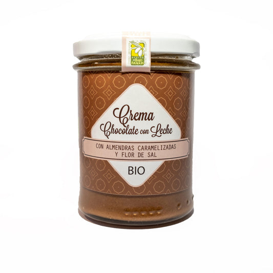 Crema Bio de chocolate con leche, almendras caramelizadas y flor de sal, 200 G. con aceite de oliva virgen extra._0