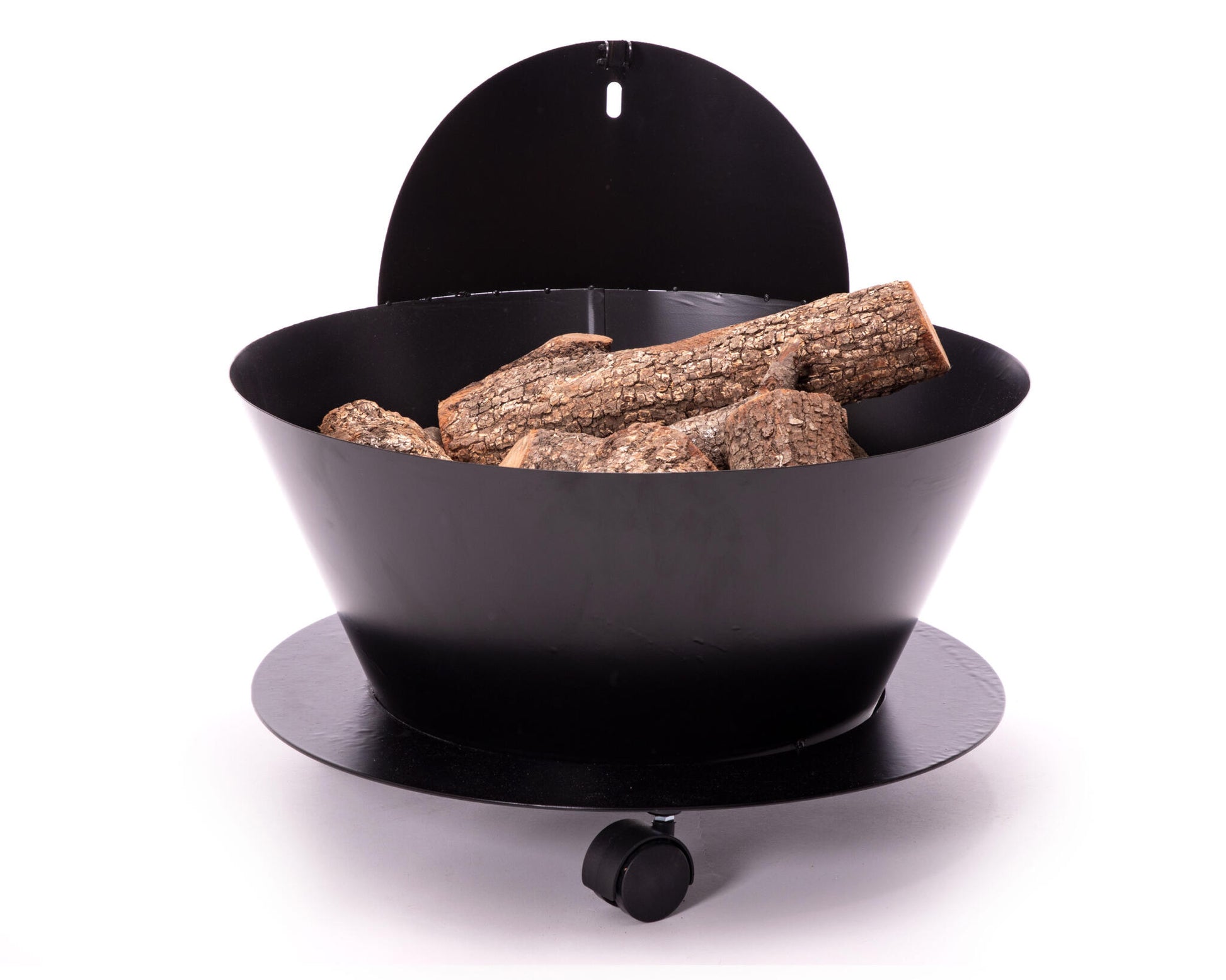 Cubo porta leña con tapa y ruedas en acero negro_1