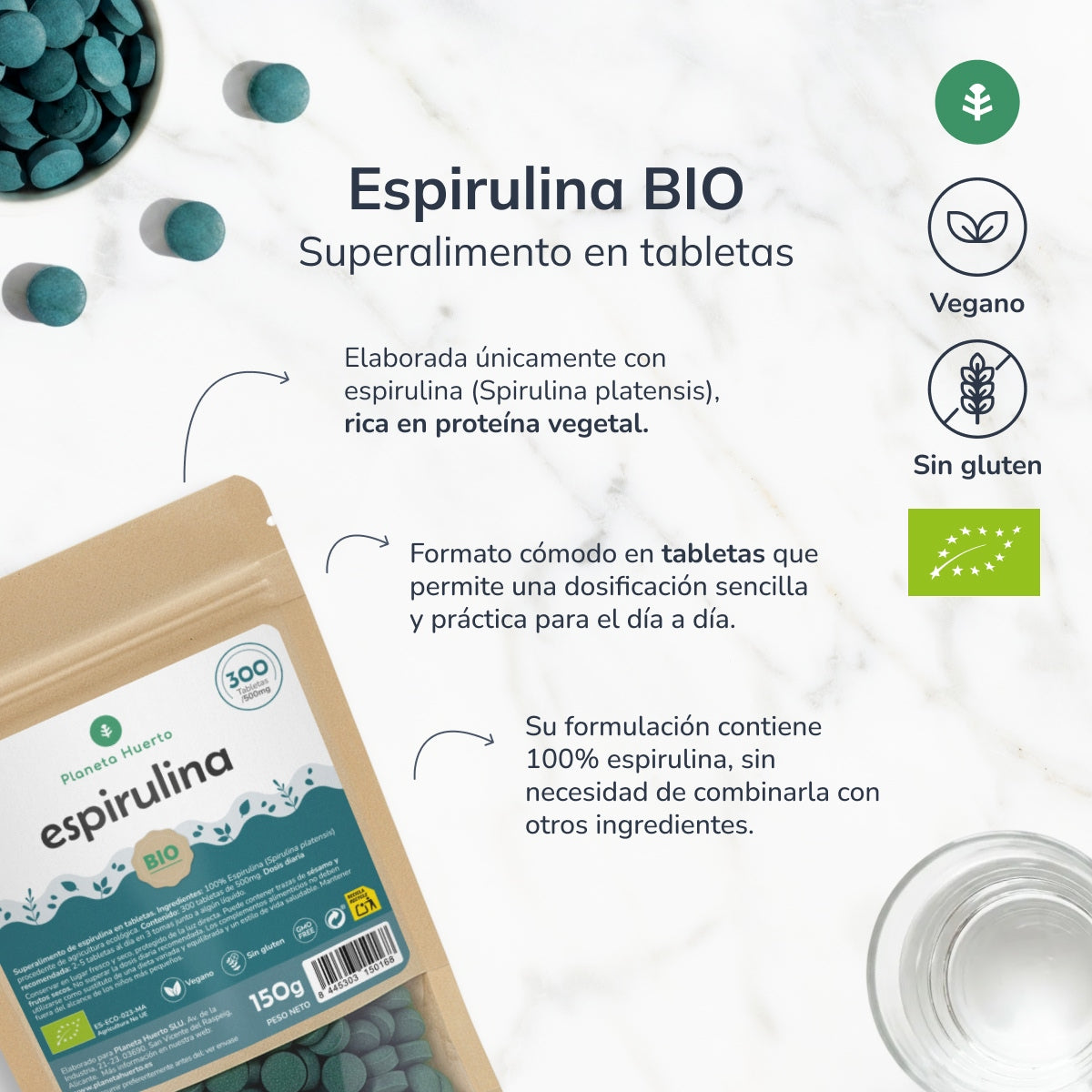 Espirulina 500mg BIO Planeta Huerto 300 tabletas