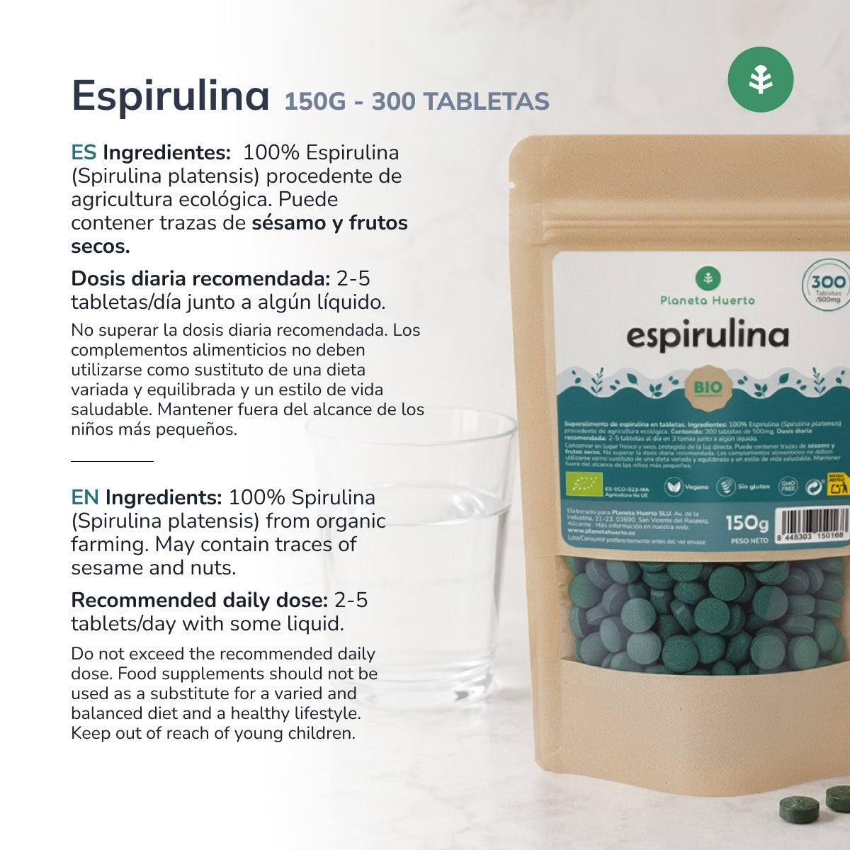 Espirulina 500mg BIO Planeta Huerto 300 tabletas