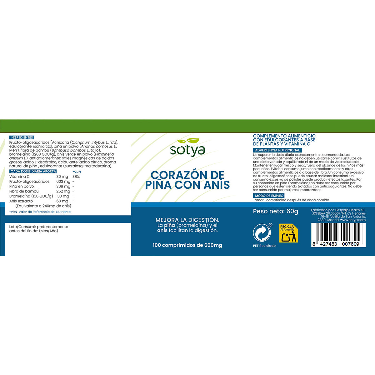 Piña 600 mg Sotya, 100 comprimidos