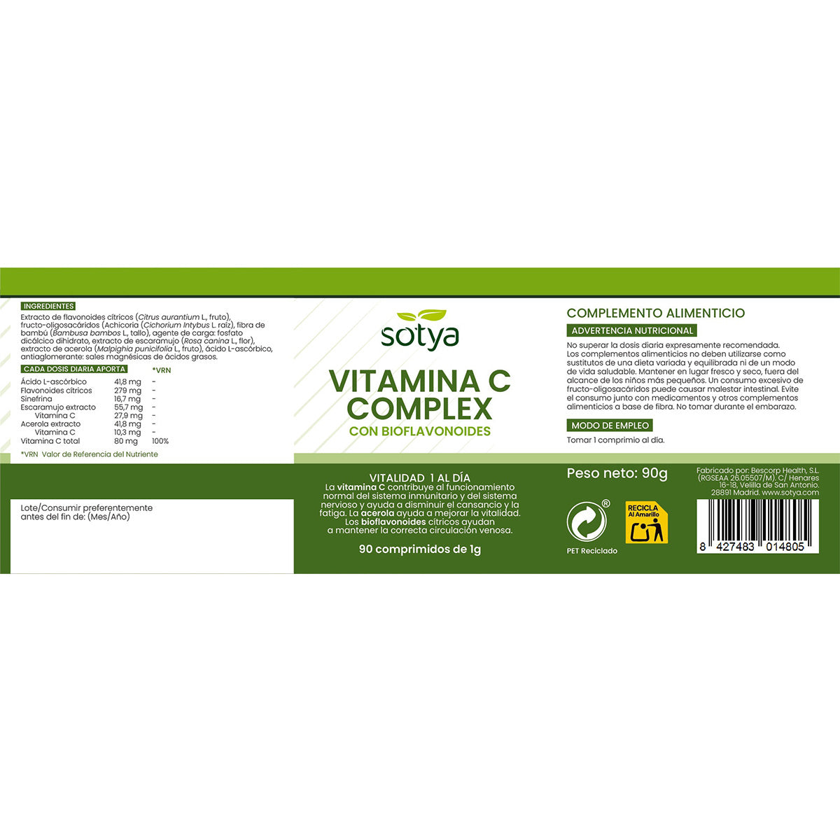 Vitamina C Escaramujo Sotya, 90 comprimidos
