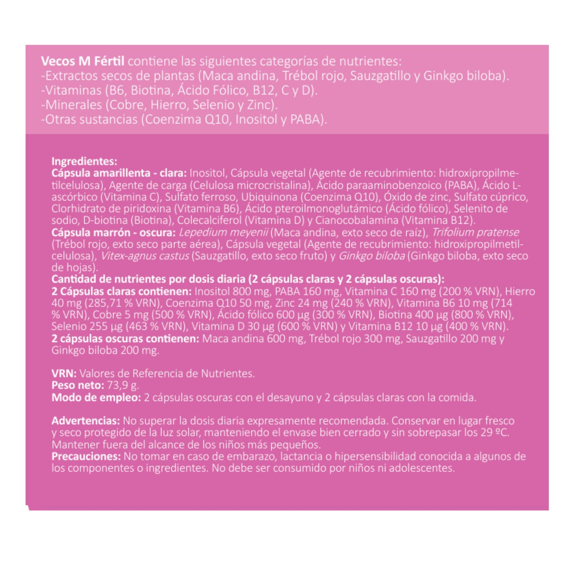 Fértil M VECOS (45+45 cápsulas) | Fertilidad femenina, preconcepción y regulador hormonal | Inositol y Folato | CoQ10+B6_4