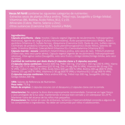 Fértil M VECOS (45+45 cápsulas) | Fertilidad femenina, preconcepción y regulador hormonal | Inositol y Folato | CoQ10+B6_4