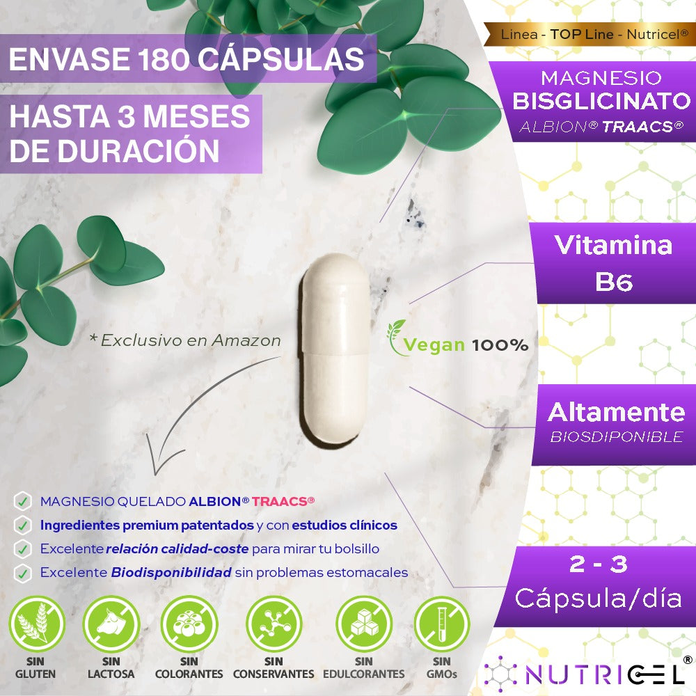 Magnesio Bisglicinato Albion® TRAACS® + Vitamina B6 Nutricel 180 cápsulas