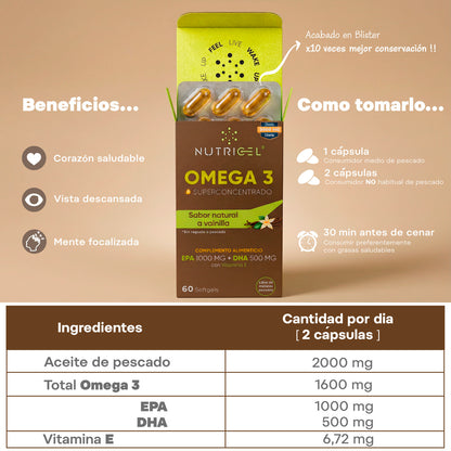 Omega 3 Superconcentrado Blíster Vainilla Nutricel 60 perlas