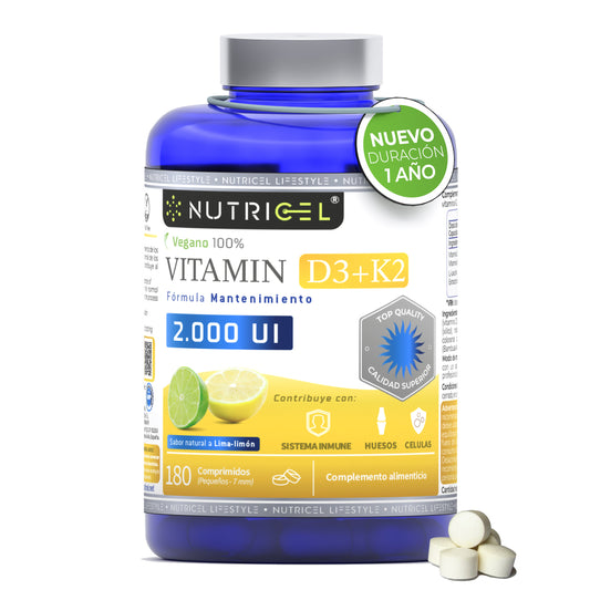 Vitamina D3 + K2 MK7 2000 UI Vegana Nutricel 180 comprimidos sabor lima-limón