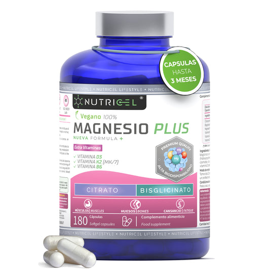 Magnesio Plus Citrato 1577mg + Bisglicinato Nutricel 600mg 180 cápsulas