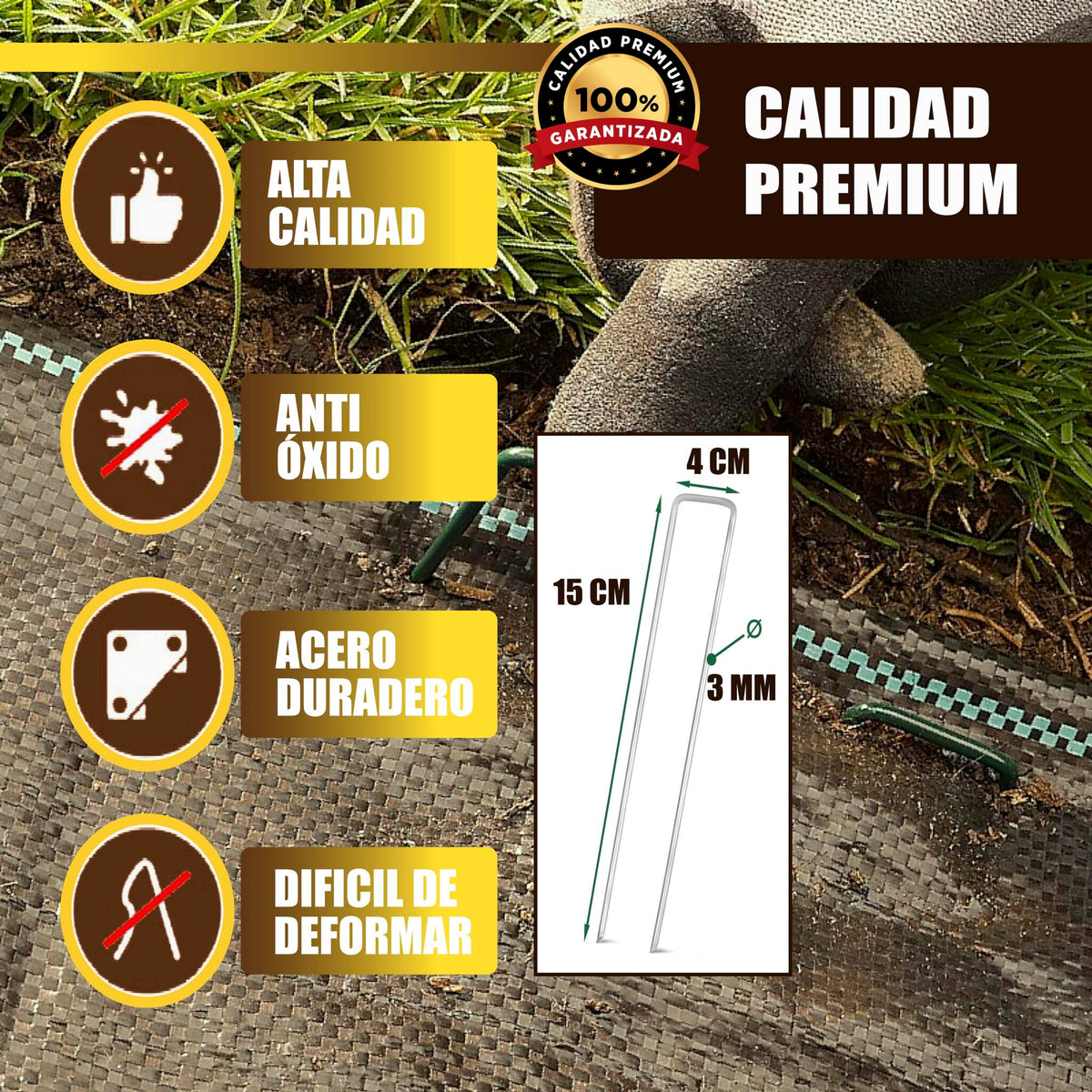 GREEN GOF 100 Grapas Verdes Para Cesped Artificial, Malla Antihierba Y Jardin. Acero Galvanizado, 15x4cm, Ø3mm._3