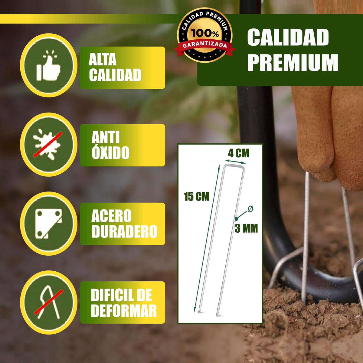 GREEN GOF 200 Grapas Para Malla Antihierba, Cesped Artificial Y Jardin. Acero Galvanizado, 15x4cm, Ø3mm._3