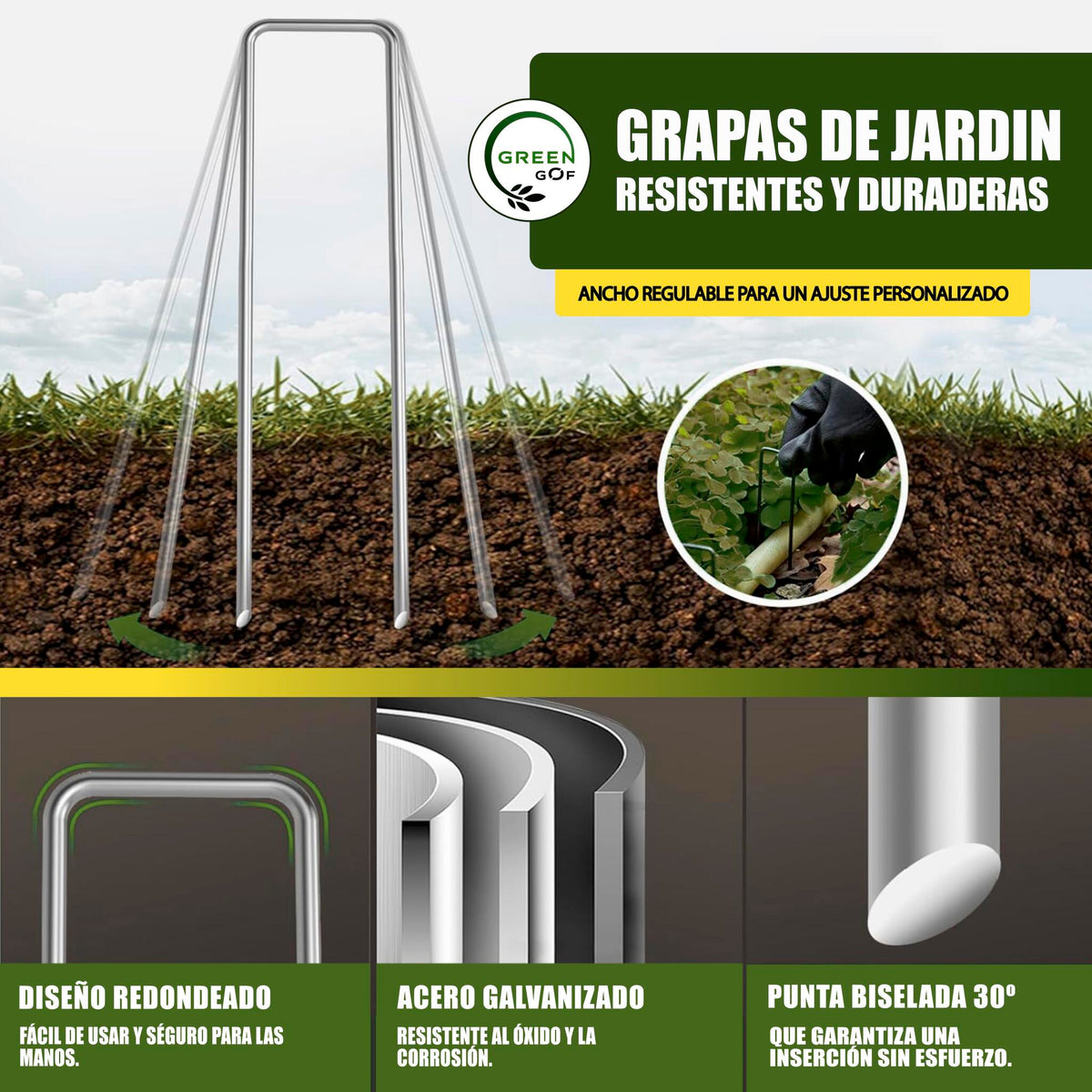 GREEN GOF 200 Grapas Para Malla Antihierba, Cesped Artificial Y Jardin. Acero Galvanizado, 15x4cm, Ø3mm._1