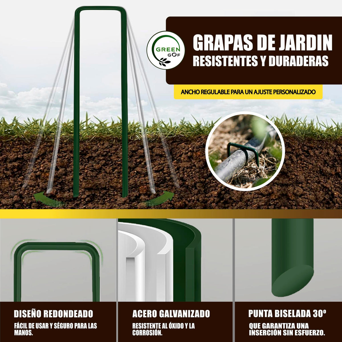 GREEN GOF 200 Grapas Verdes Para Cesped Artificial, Malla Antihierba Y Jardin. Acero Galvanizado, 15x4cm, Ø3mm._1