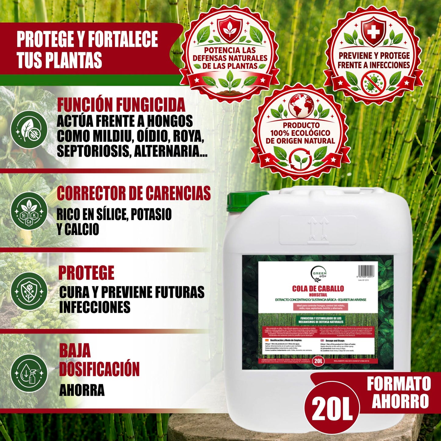 GREEN GOF Cola De Caballo, 20L. Fungicida, Bioestimulante, Orgánico y 100% Natural. Preventivo y Curativo._1