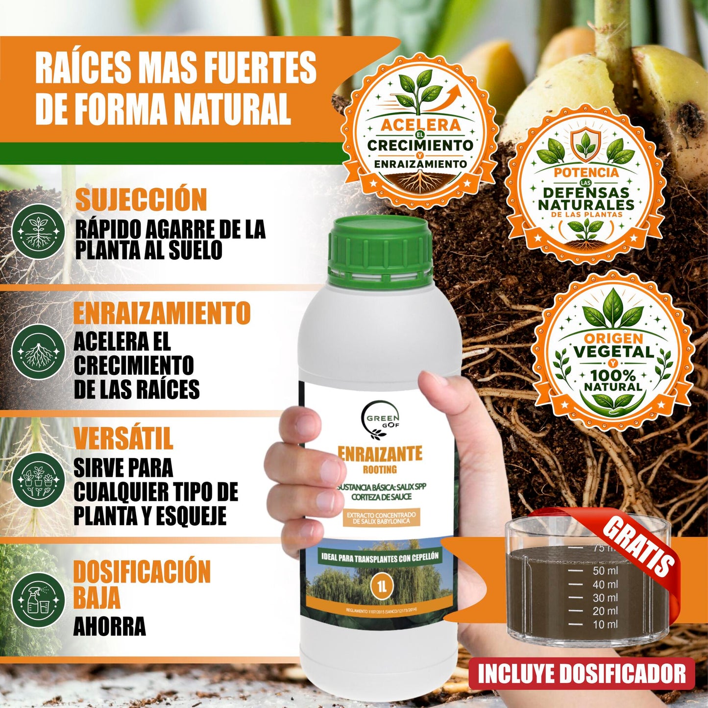 GREEN GOF Enraizante Líquido, 1L. Orgánico con Hormonas Naturales. Estimula y Aumenta el Crecimiento de Raíces._1