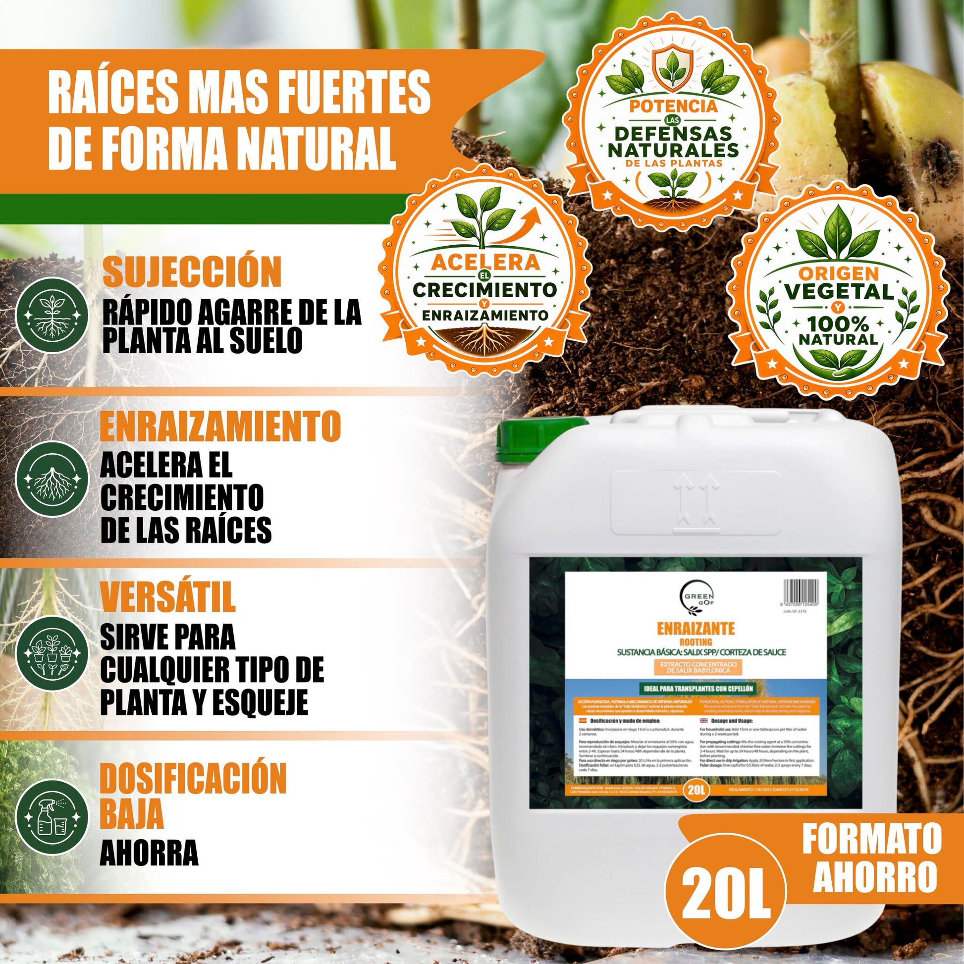 GREEN GOF Enraizante Líquido, 20L. Orgánico con Hormonas Naturales. Estimula y Aumenta el Crecimiento de Raíces._1