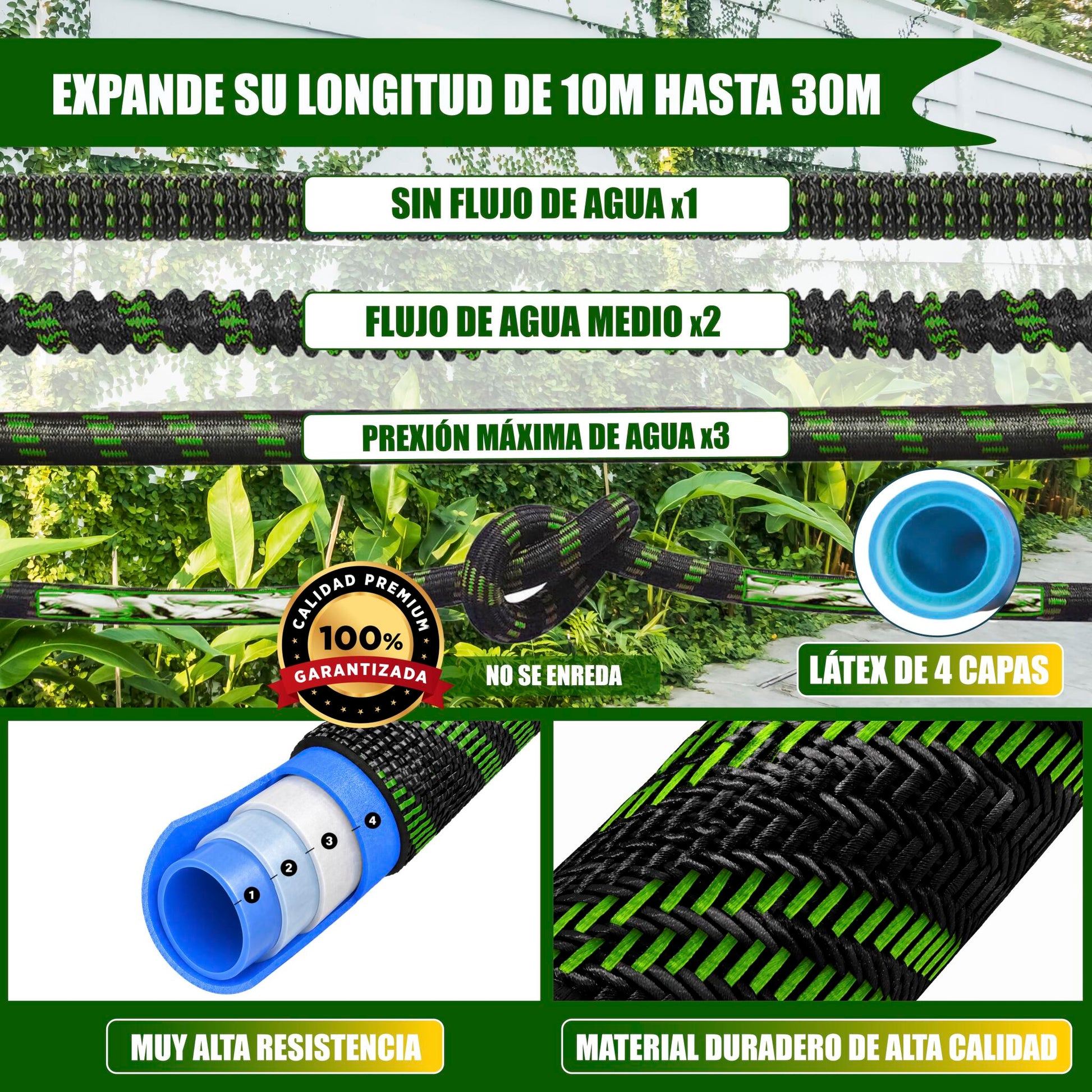 GREEN GOF Manguera De Jardín Premium 30m. 10 Funciones De Pulverización, Ligera, Extensible. Alta Resistencia. Verde_2