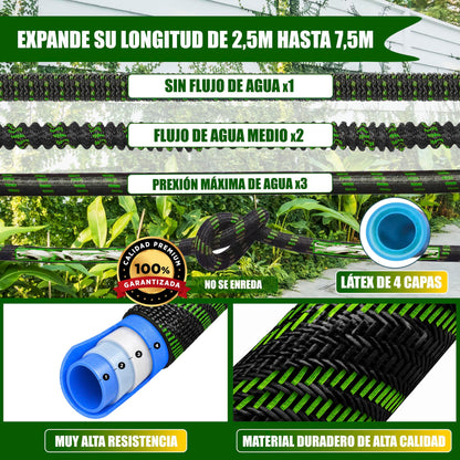 GREEN GOF Manguera De Jardín Premium 7,5m. 10 Funciones De Pulverización, Ligera, Extensible. Alta Resistencia. Verde_2