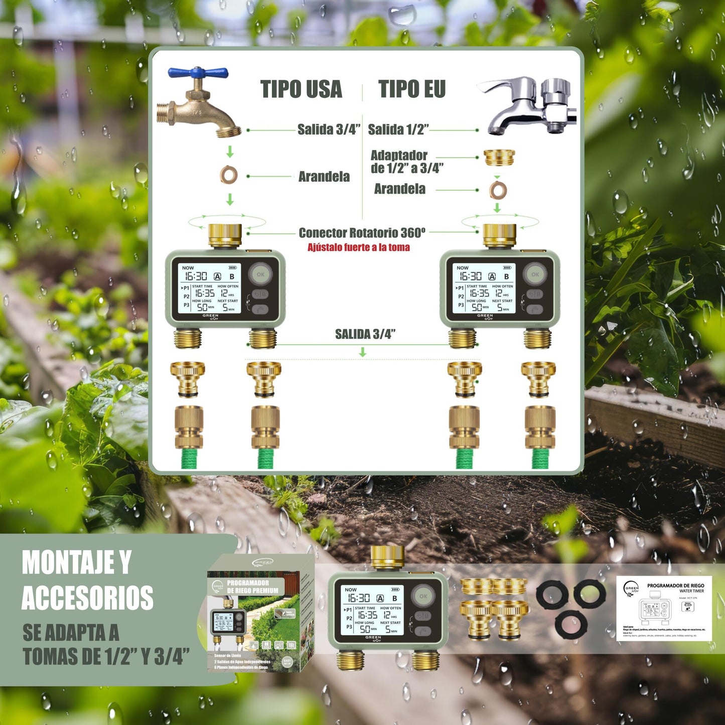 GREEN GOF Programador De Riego. Conectores De Latón, 2 Salidas De Agua, Sensor De Lluvia, 6 Prog. Independientes._5