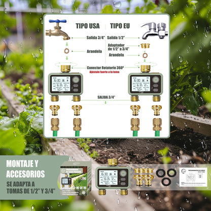 GREEN GOF Programador De Riego. Conectores De Latón, 2 Salidas De Agua, Sensor De Lluvia, 6 Prog. Independientes._5