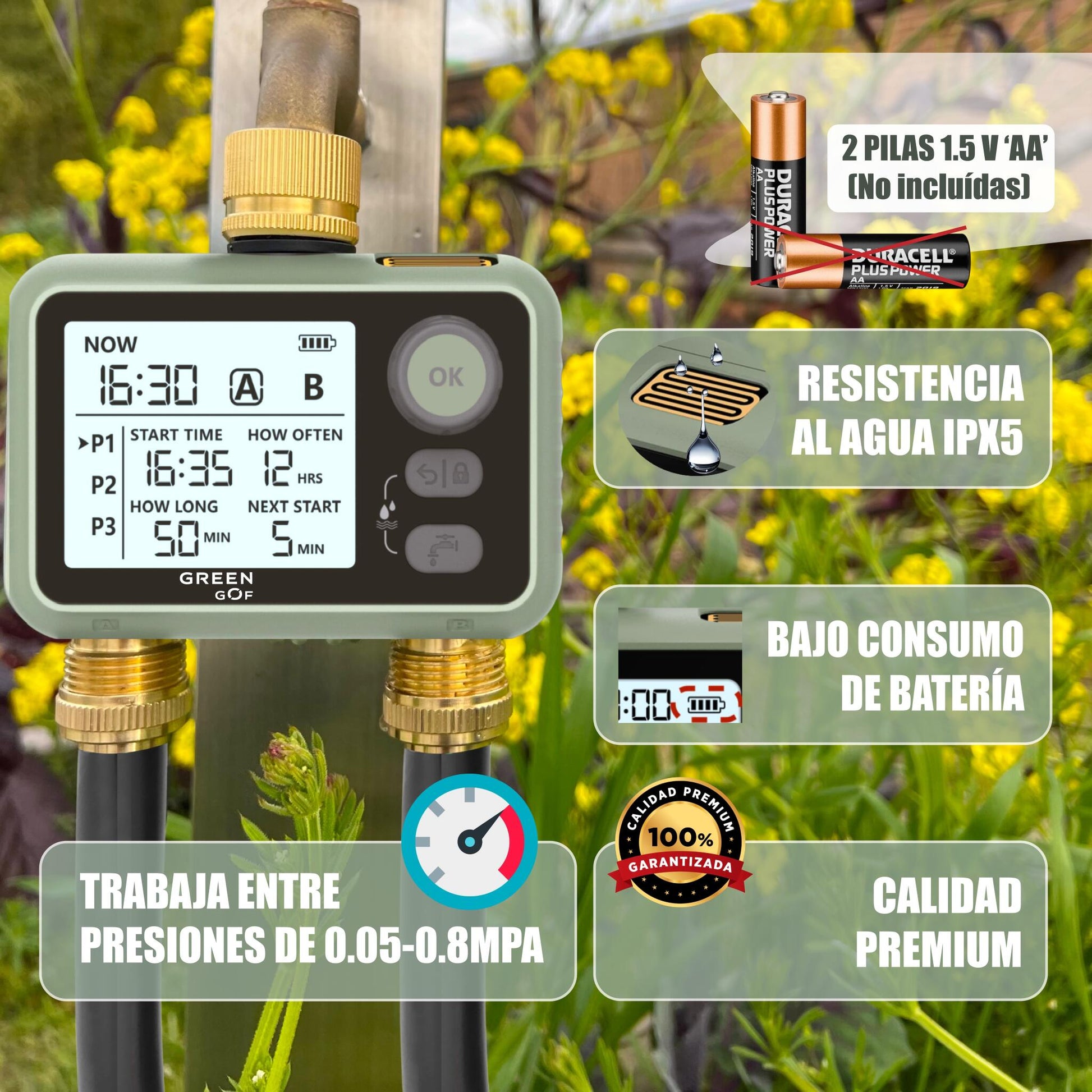 GREEN GOF Programador De Riego. Conectores De Latón, 2 Salidas De Agua, Sensor De Lluvia, 6 Prog. Independientes._4