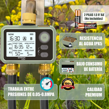 GREEN GOF Programador De Riego. Conectores De Latón, 2 Salidas De Agua, Sensor De Lluvia, 6 Prog. Independientes._4
