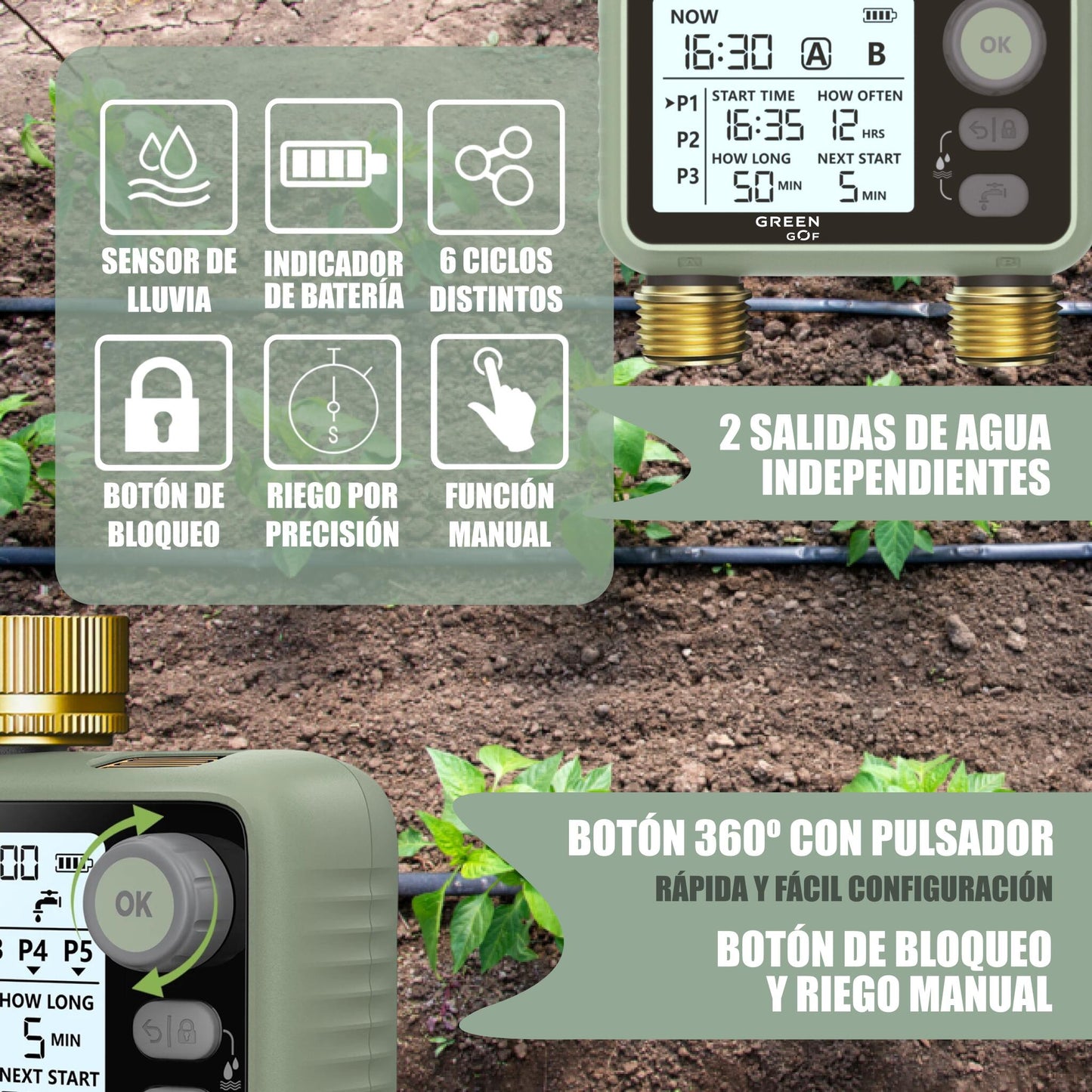 GREEN GOF Programador De Riego. Conectores De Latón, 2 Salidas De Agua, Sensor De Lluvia, 6 Prog. Independientes._1