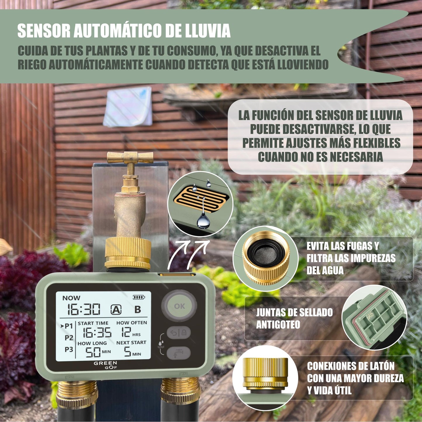 GREEN GOF Programador De Riego. Conectores De Latón, 2 Salidas De Agua, Sensor De Lluvia, 6 Prog. Independientes._2
