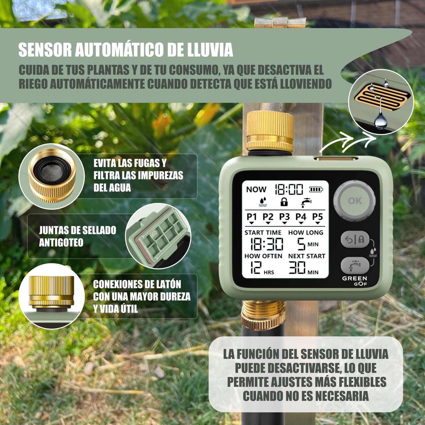 GREEN GOF Programador De Riego. Conectores De Latón, Sensor De Lluvia, Pantalla Retroiluminada, 5 Prog. Independientes._2
