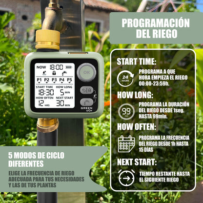 GREEN GOF Programador De Riego. Conectores De Latón, Sensor De Lluvia, Pantalla Retroiluminada, 5 Prog. Independientes._3