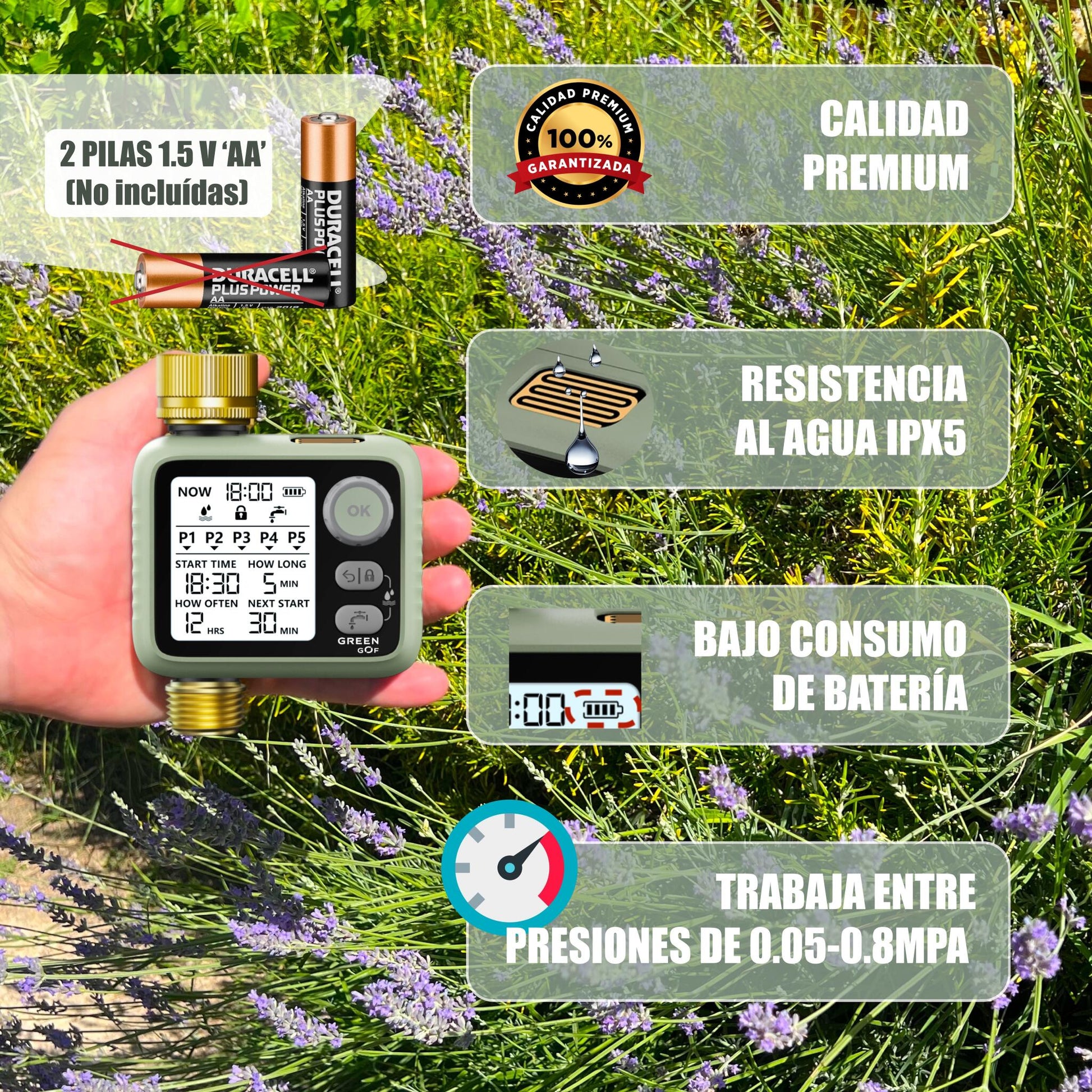 GREEN GOF Programador De Riego. Conectores De Latón, Sensor De Lluvia, Pantalla Retroiluminada, 5 Prog. Independientes._4