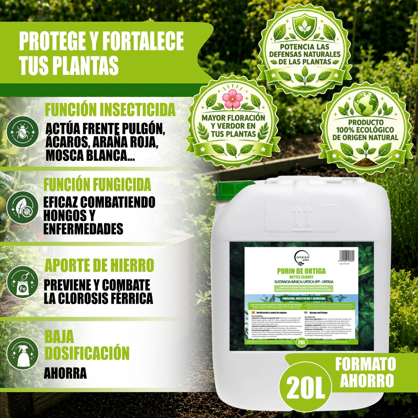 GREEN GOF Purin De Ortiga, 20L. Insecticida, Fungicida, Acaricida. Orgánico y 100% Natural. Curativo y Preventivo._1