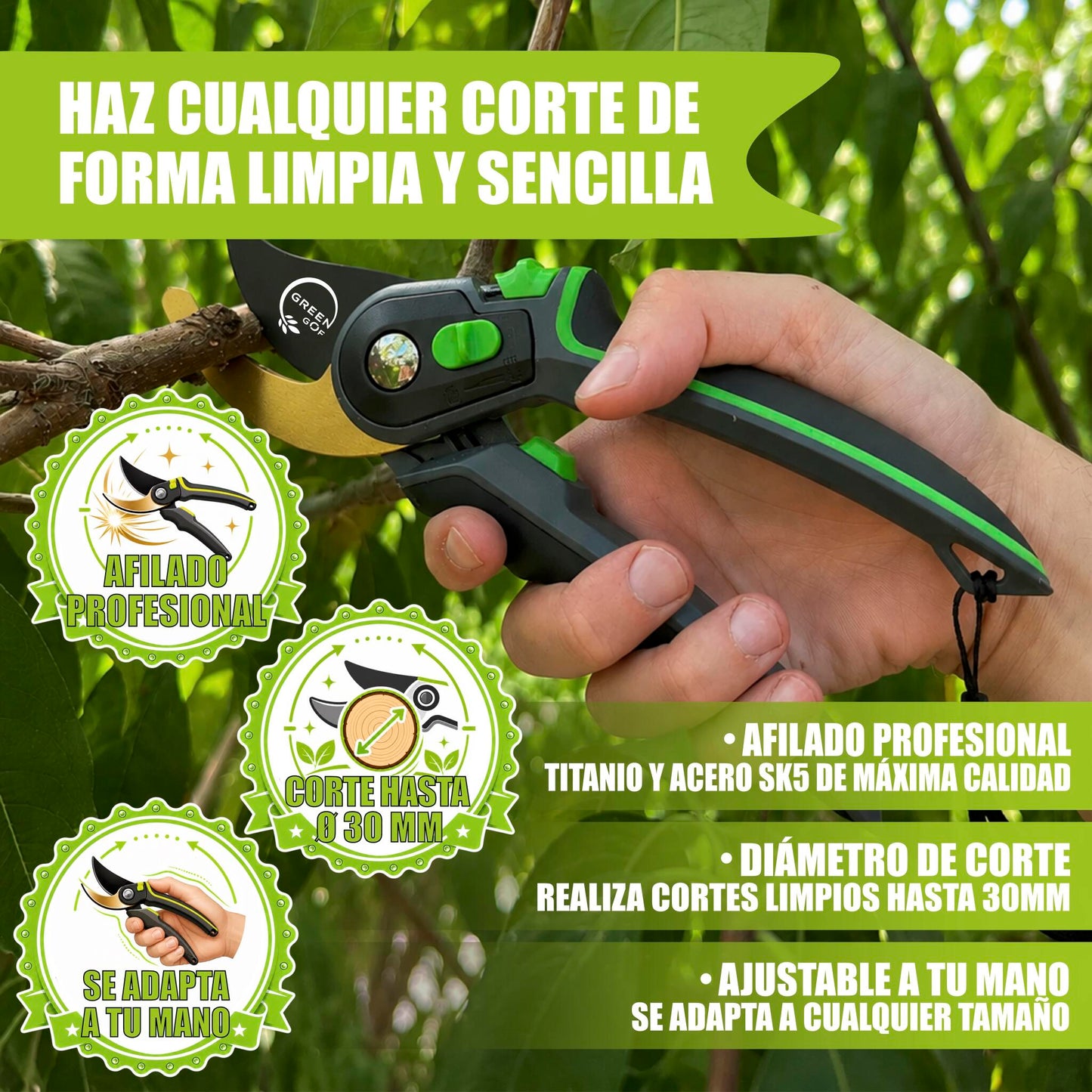 GREEN GOF Tijeras De Podar Profesionales Premium, Hoja De Titanio Y Acero Japonés Sk5, Cortes De Hasta 35 Mm._1