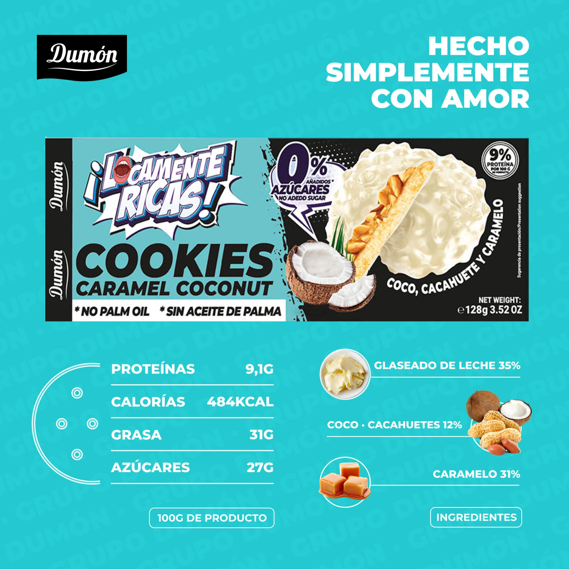 Galleta De Coco, Cacahuete Y Caramelo 128gr - Dumón, Snack Proteico Sin Azúcares Añadidos - Pack De 14 Unidades_2