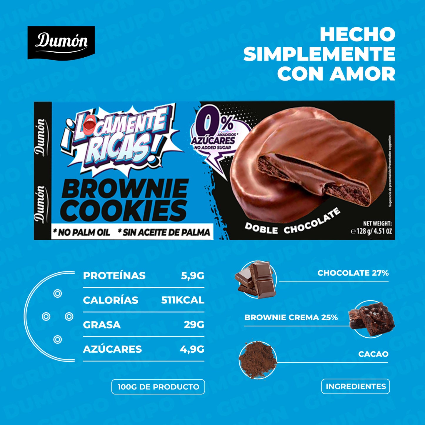 Galletas Brownie Doble Chocolate 128gr -Dumón Snack Proteico Sin Azúcares Añadidos- Pack De 14 Unidades_2