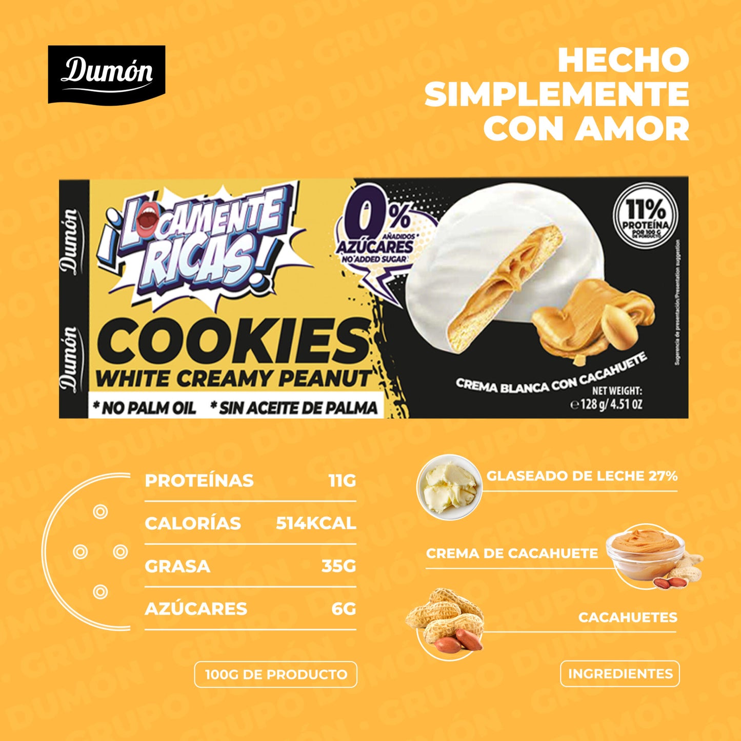 Galletas De Cacahuate Y Crema Blanca 128gr - Dumón, Snack Sin Azúcares Añadidos - Pack De 14 Unidades_2