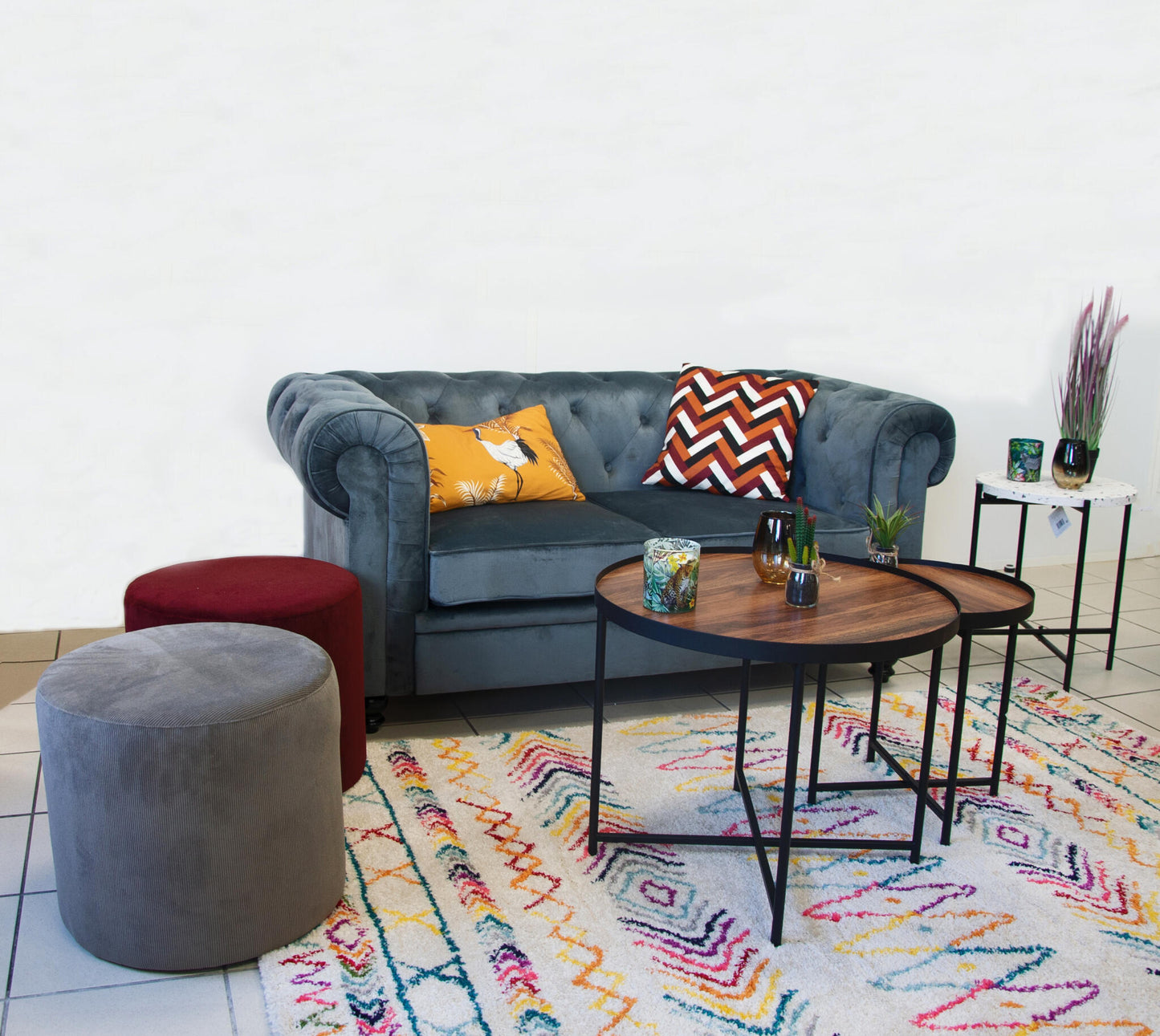 Grand Pouf, Bout De Canapé Taburete Salón Redondo Pana Gris Antracita D45x40cm- Muebles De Salón_2