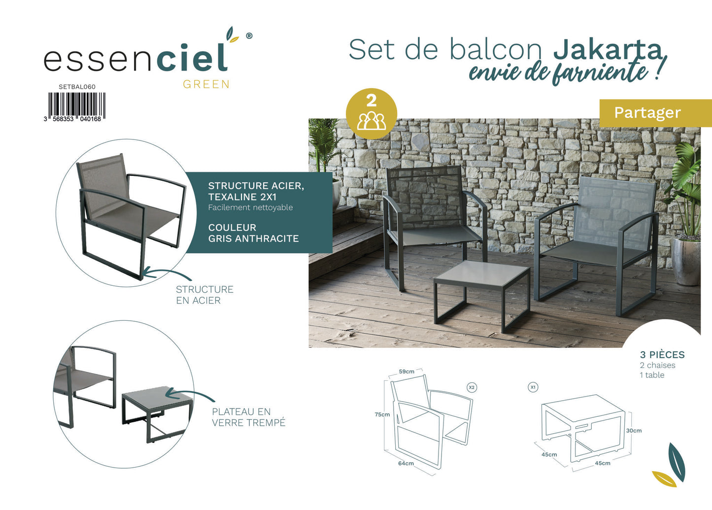 Jakarta Mueble De Jardín 2 Plazas Texaline Y Acero Gris Antracita 2 Sillones + 1 Mesa De Centro - Muebles De Jardín_3