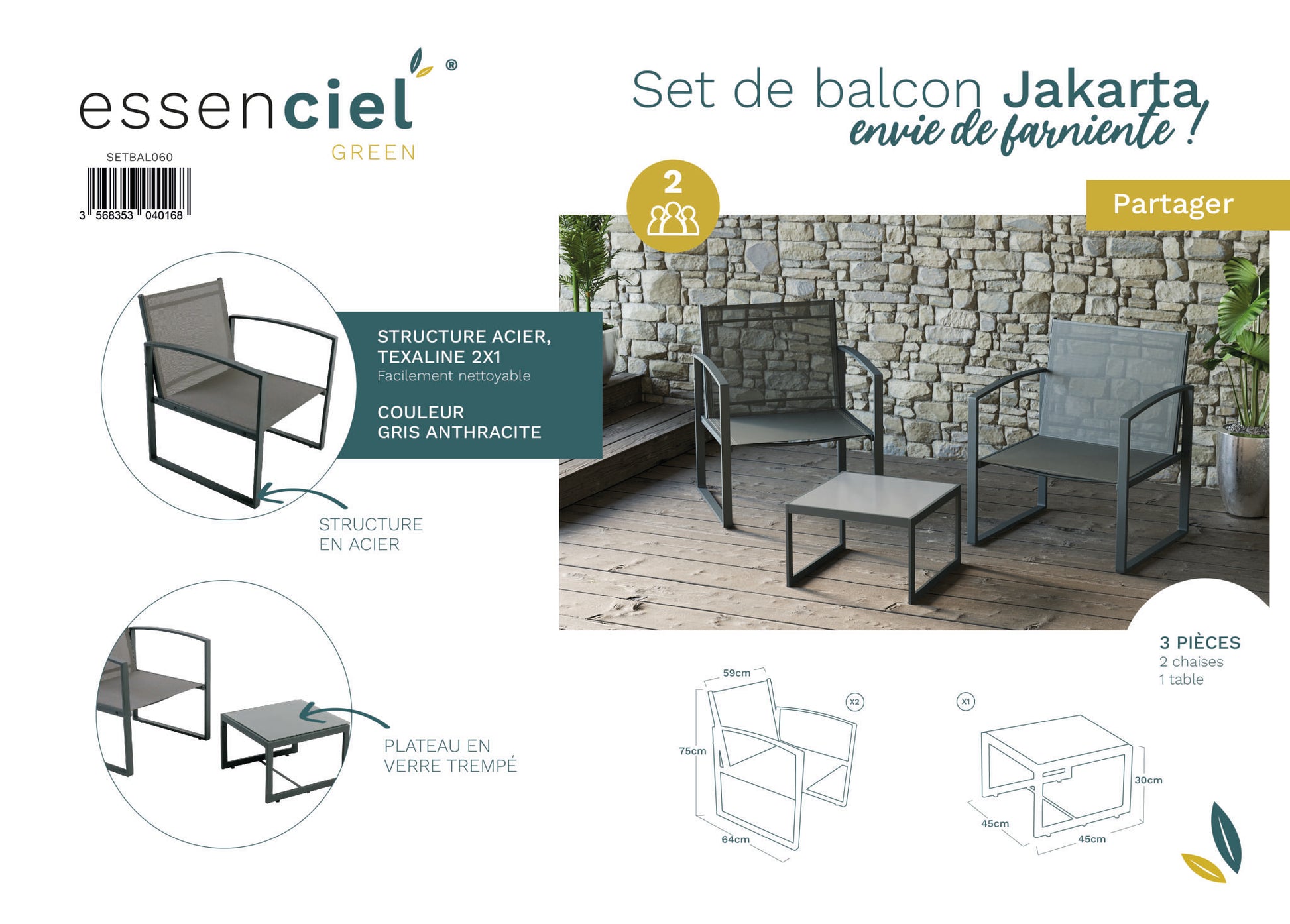 Jakarta Mueble De Jardín 2 Plazas Texaline Y Acero Gris Antracita 2 Sillones + 1 Mesa De Centro - Muebles De Jardín_3