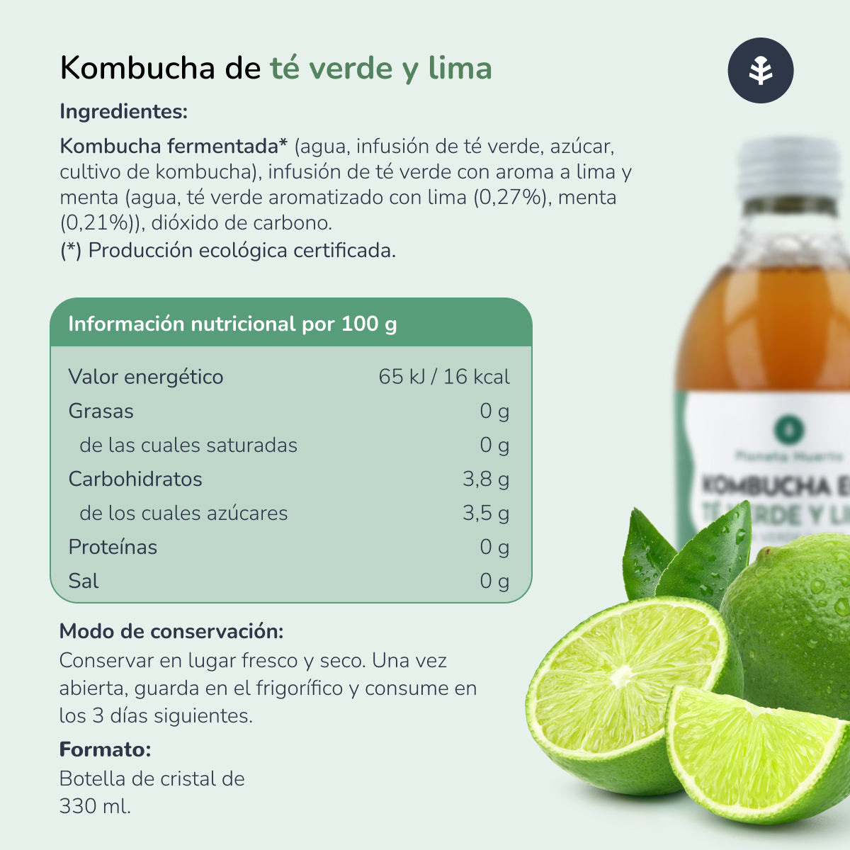 Kombucha ECO té verde y lima Planeta Huerto 330 ml