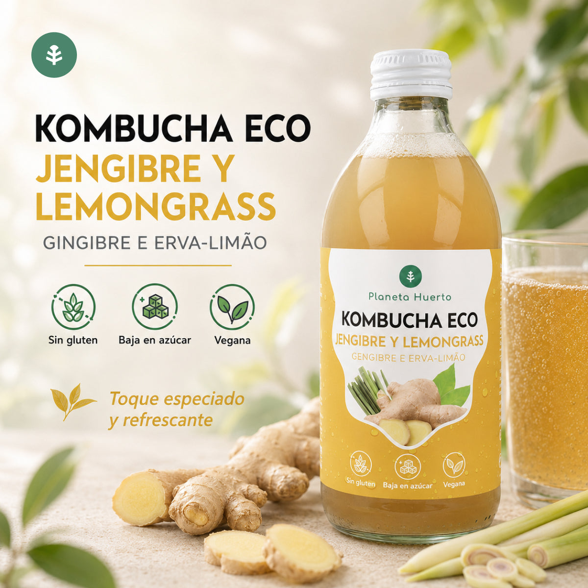 Kombucha ECO Jengibre y lemongrass Planeta Huerto 330 ml