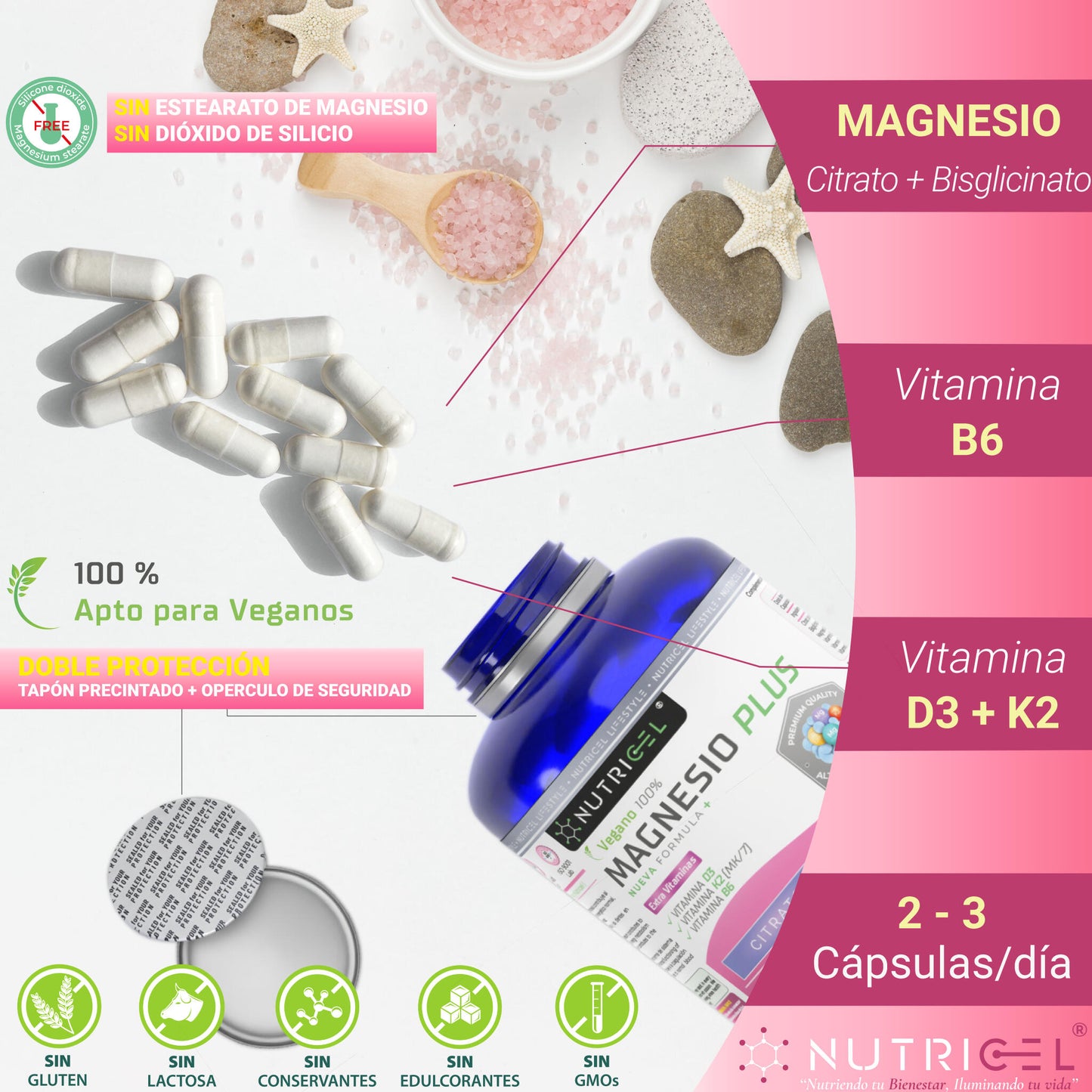 Magnesio Con Bisglicinato Y Citrato + Vitamina D3 Y K2 - 180 Cápsulas - Nutricel_2