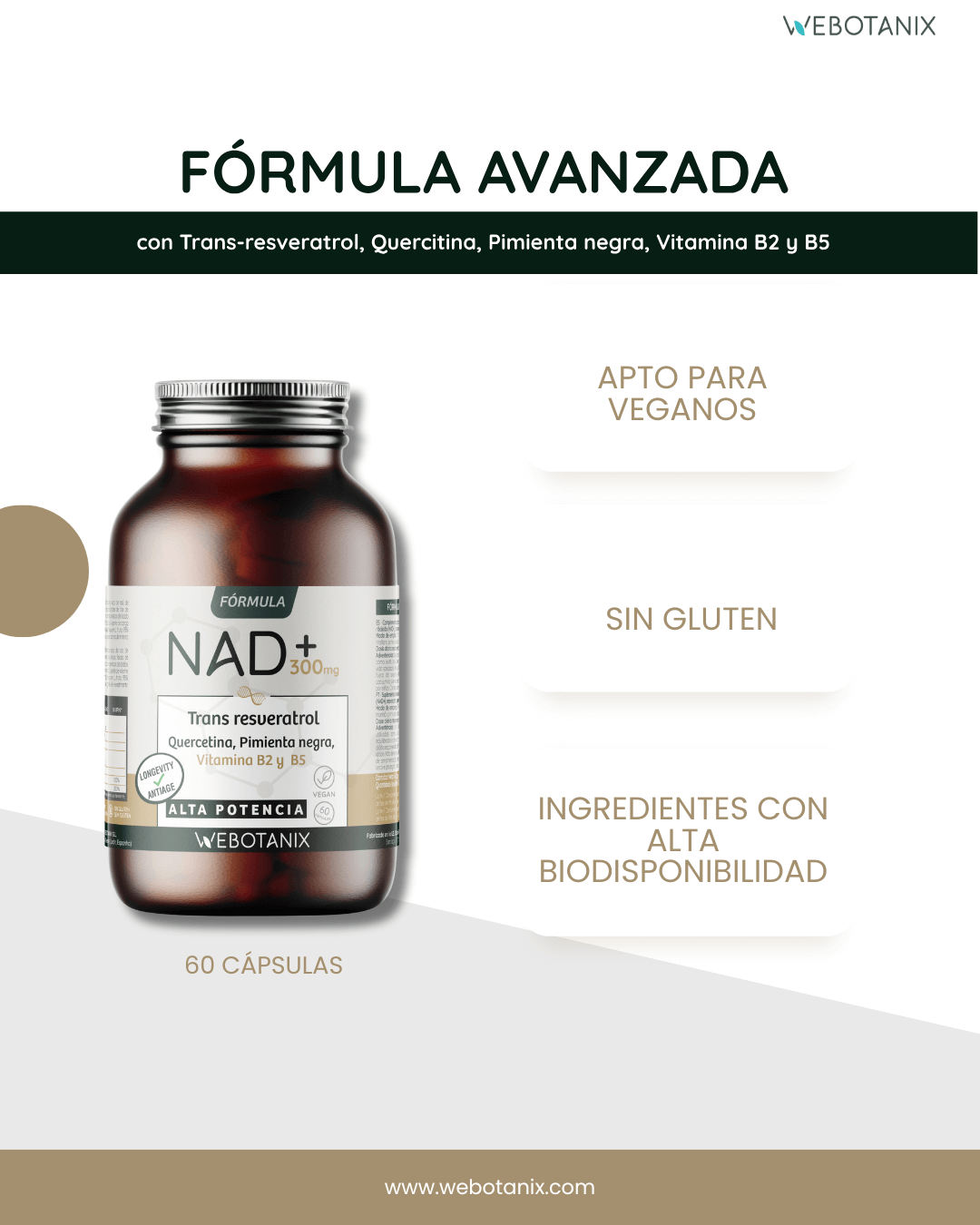 NAD+ 300 mg Trans Resveratrol WEBOTANIX 60 cápsulas