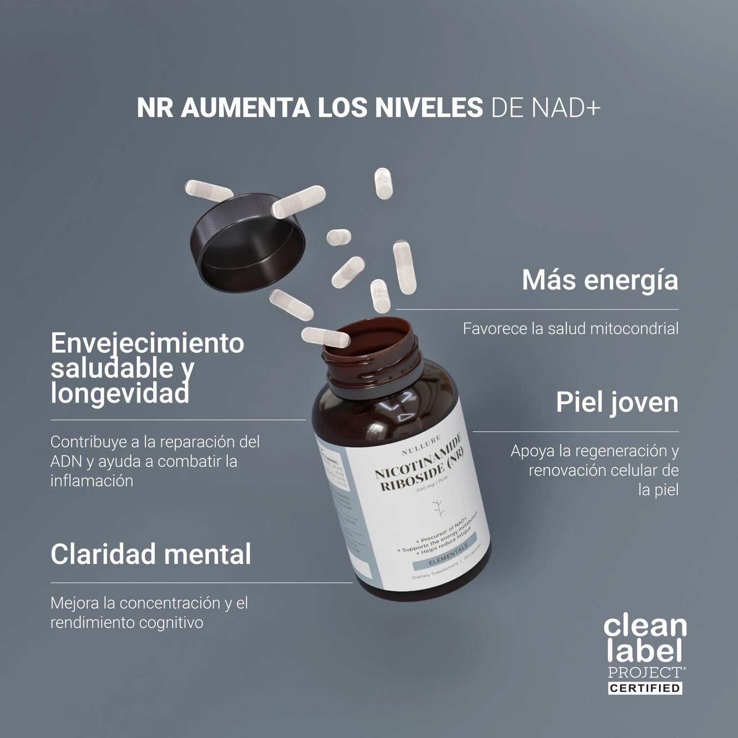 Nad nicotinamide riboside 300mg nullure – boost nad+, energía y longevidad, clean label (90 cápsulas)_1