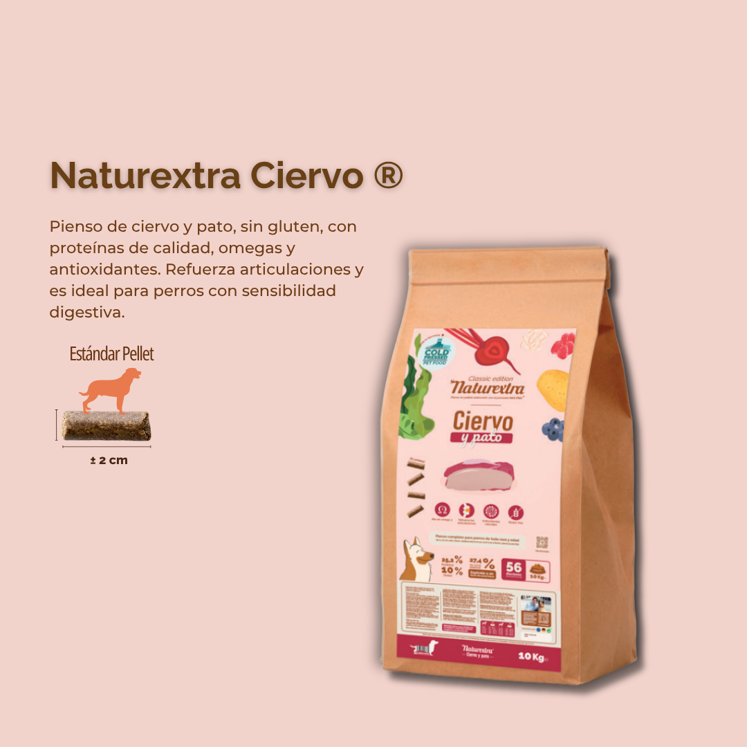 Pienso prensado en frío en Pellets para perros con ciervo y pato 600 g NaturExtra