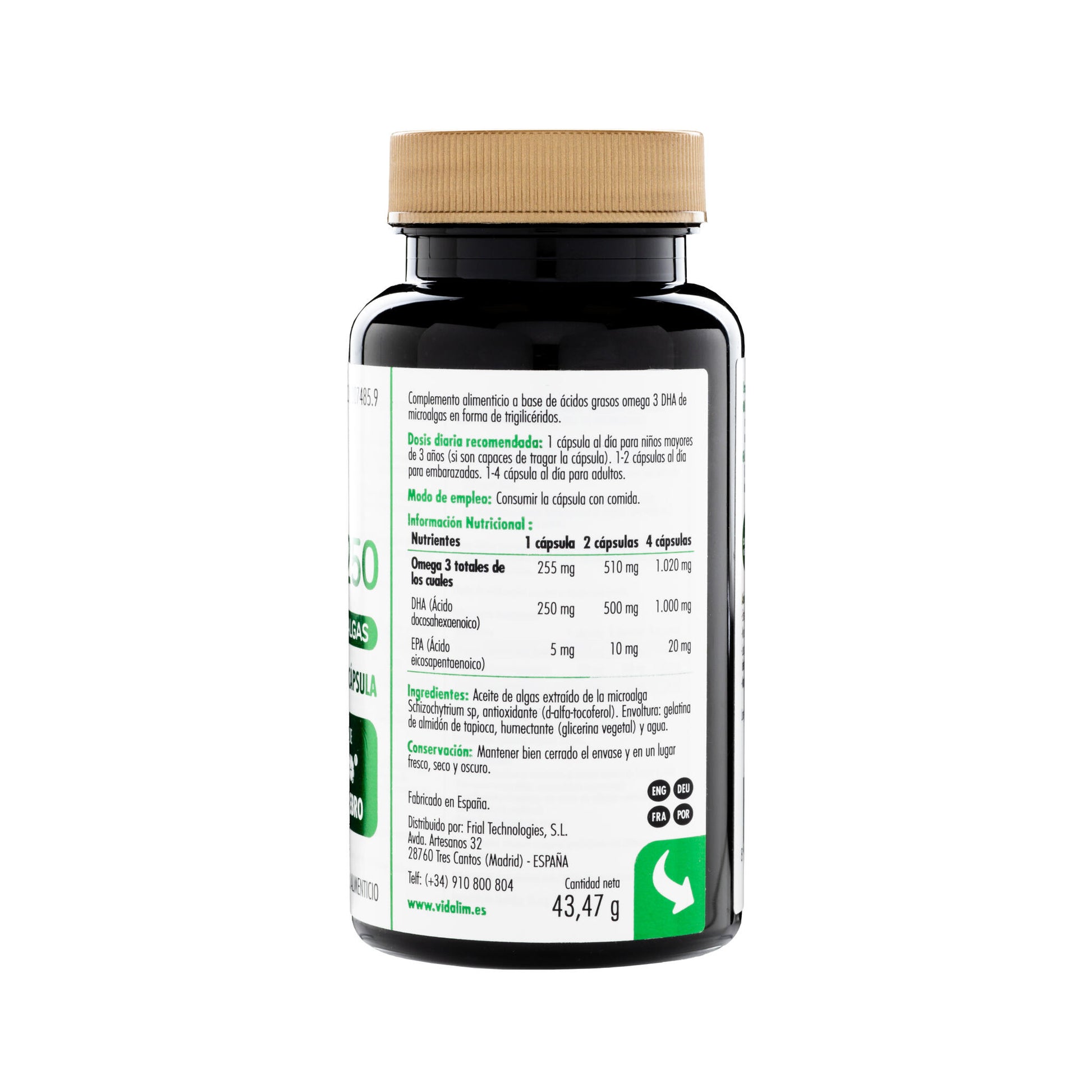 OMEGA 3 DE MICROALGAS VIDALIM 250 VEGANO: 250 mg DHA VEGANO POR CAPSULA | 60 CAPSULAS._1