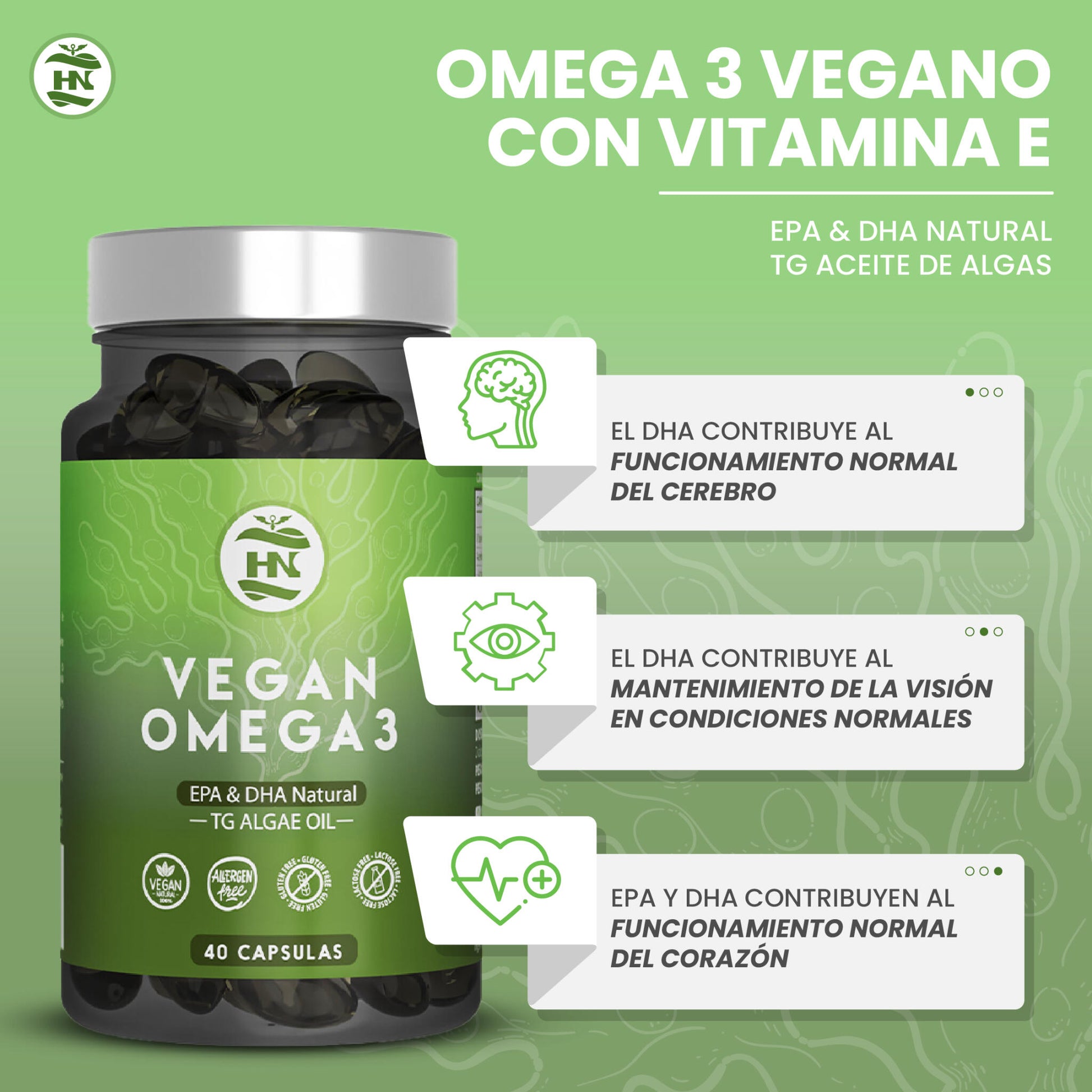 Omega 3 Vegano De Algas, 40 Caps Con Vitamina E, Ideal Para Cerebro Y Corazón, Seplemento Para Veganos-vegetarianos_2