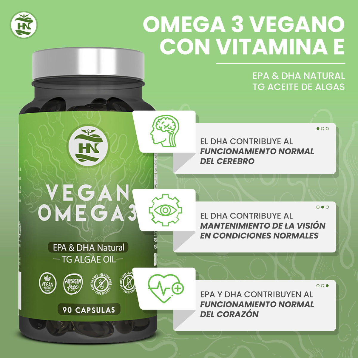 Omega 3 Vegano De Algas, 90 Caps Con Vitamina E, Ideal Para Cerebro Y Corazón, Seplemento Para Veganos-vegetarianos_1
