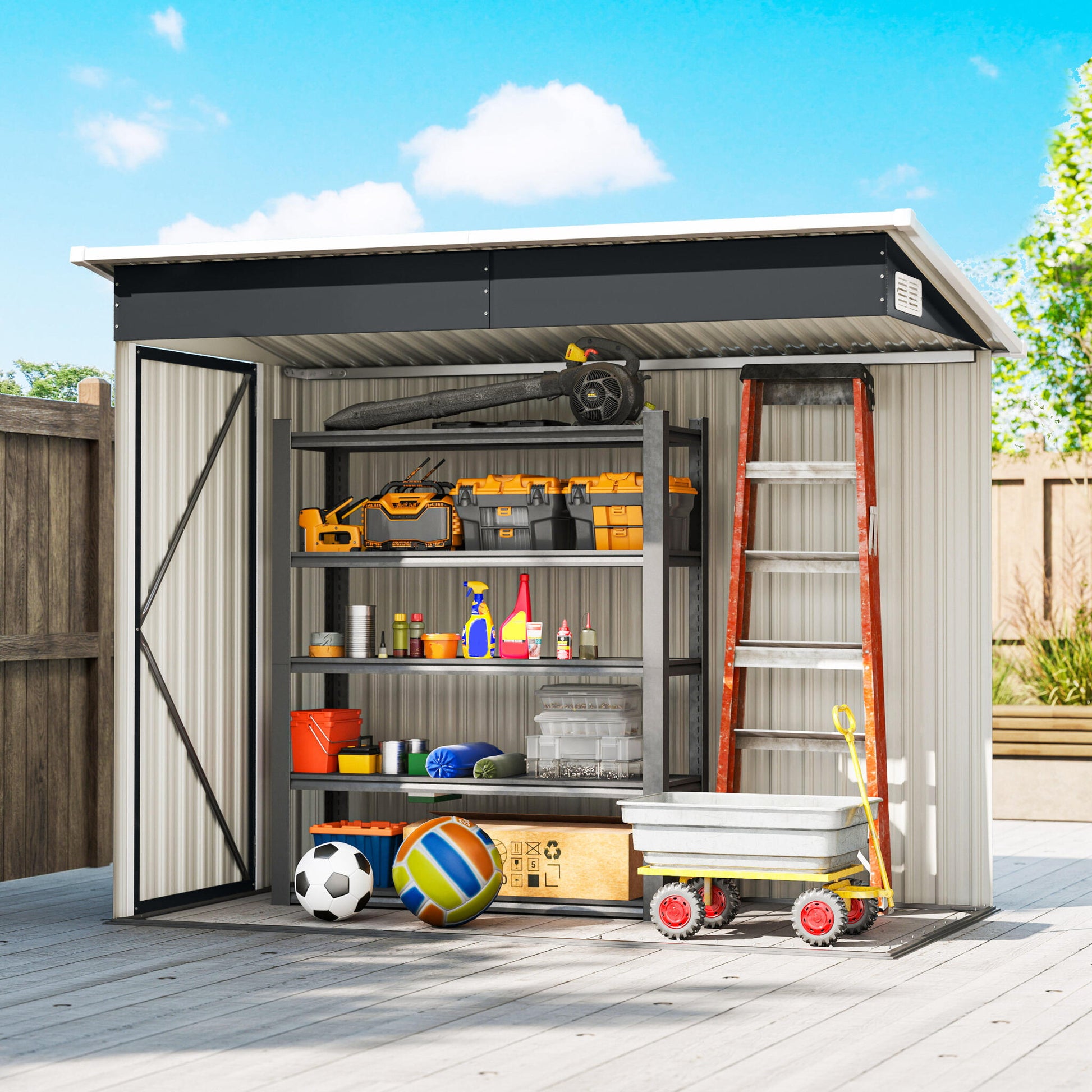 Outsunny Caseta De Jardín Exterior 2,7 M² 234x132x185 Cm Triple Puerta Gris_3